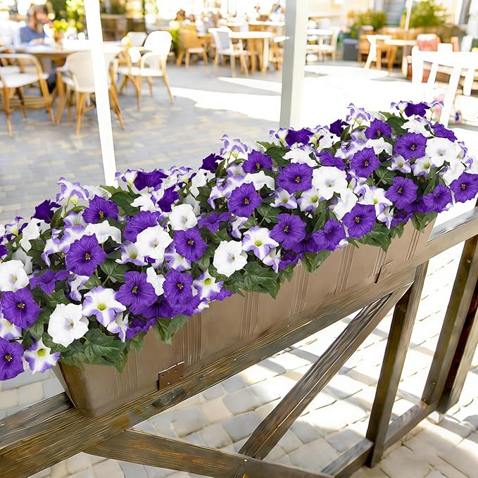Artificial Flowers for Outdoors, Faux Morning Glory Spring Summer Decoration, Fake Flowers Plants UV Resistant Look Real Silk Flowers for Outside Planter Front Door Porch Patio Yard (12, Purple-White)