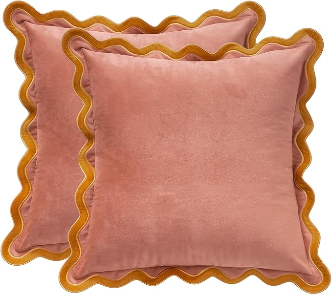 MONDAY MOOSE Decorative Throw Pillow Covers Cushion Cases, Set of 2 Soft Velvet Scalloped Wavy Edge Designs, Mix and Match for Home Decor, Pillow Inserts Not Included (20x20 inch, Pink/Honey)
