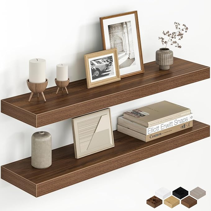 32 Inch Floating Shelves for Wall, 8 Inch Deep Rustic Wood Floating Shelves Set of 2, Wall Mounted Hanging Shelf with Invisible Brackets for Bathroom, Bedroom, Kitchen, Living Room, Walnut