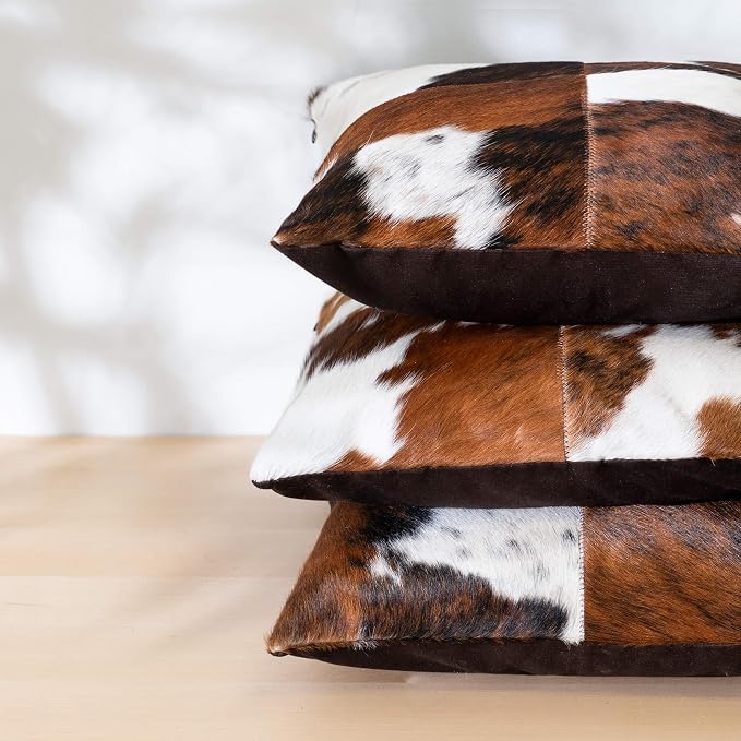 ecowhides 100% Genuine Brazilian Cowhide Patchwork Pillow – Tricolor Four Panel Design – Single-Sided – Luxury Leather Decorative Cushion for Rustic & Western Home Décor – 15” x 15”