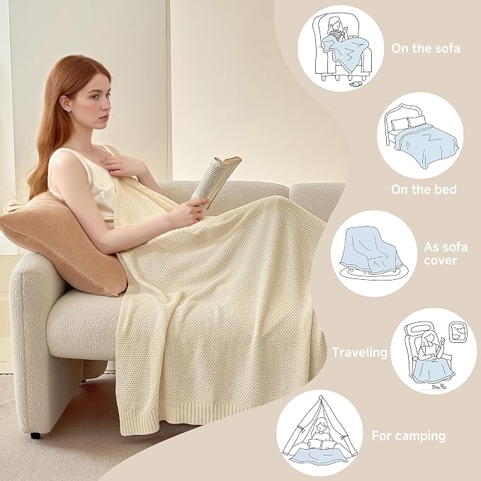 Simple&Opulence 100% Cotton Blanket King Size, Solid Color Cable Knitted Blanket Super Soft Comfortable Breathable Decorative Farmhouse for Couch Sofa Bed, All Season Use(White,104x90)