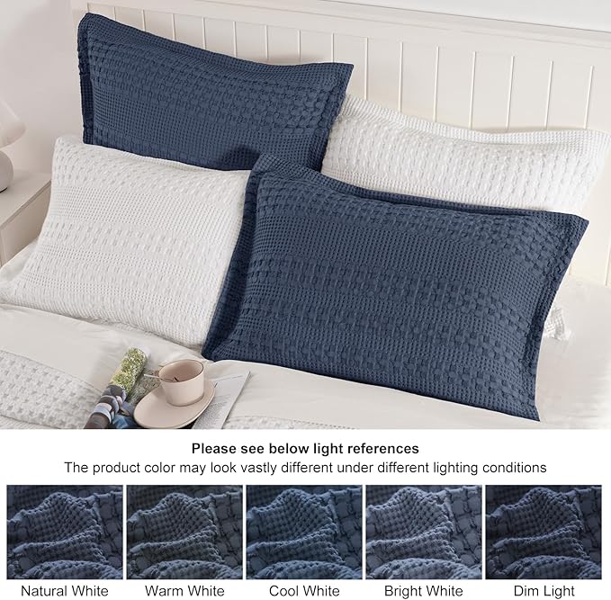 PHF 100% Cotton Ruffle Waffle Pillow Shams King Size, 2 Pack 20" x 36" Soft Skin-Friendly Pillowcases, No Filling, Aesthetic Home Decor, Breathable Waffle Weave Bed Pillow Covers, Indigo
