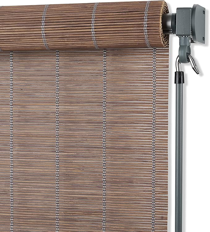Coolaroo Wand Operated Outdoor Roller Shade – Cordless Sun Blocking Window Blind for Patio, Deck, or Sunroom – Fade Resistant, Smooth Wand Operation, Kid-Safe, Hardware Included, 4' x 6', Teak