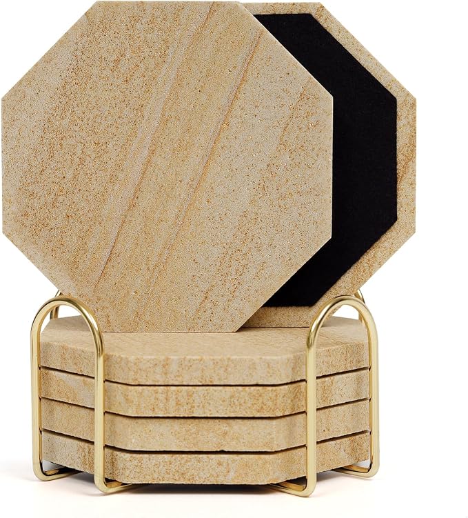 Octagonal Sandstone Coasters Set of 6 with Holder, Absorbent Stone Coasters with Soft Backing for Table Protection, Farmhouse Rustic Sandstone Coaster for Coffee Table Desk Patio Home Decor