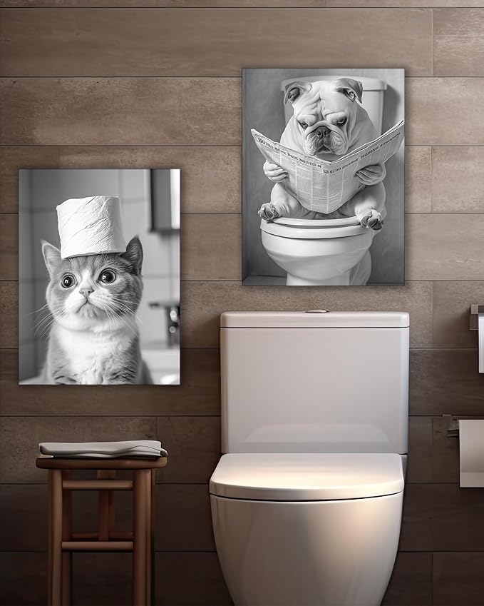 UPWOIGH Funny Black and White Cat Bathroom Wall Art, Cat with Toilet Paper Roll Decor, Cute Pet Humor Poster, Wood Framed Canvas 12x16 Inch