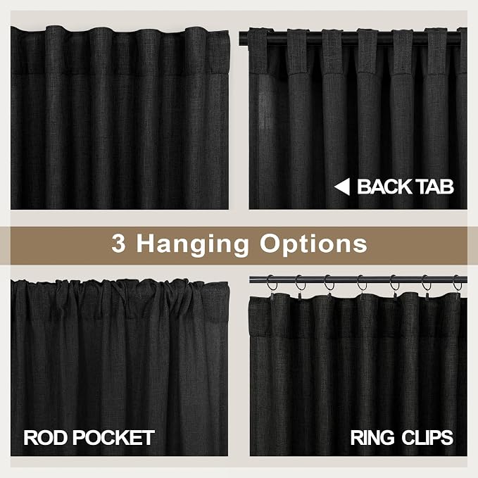 Black Linen Curtains 84 Inch Length for Living Room 2 Panel Back Tab Pocket Muslin Light Filtering Semi Privacy Thick Sheer Floor Length Curtain for Mens Bedroom Man Cave Modern Farmhouse Gothic Decor