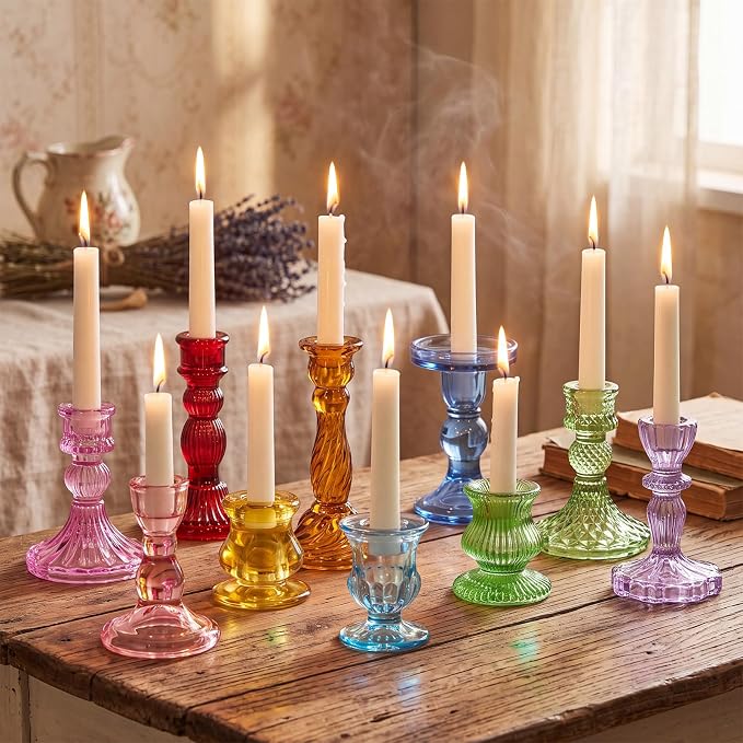 Mumufy 10 Pcs Glass Crystal Taper Candle Holders Clear Glass Candlestick Holder Fit 0.8 Inch Candles Crystal Decorative Candle Stand Centerpiece Table Wedding Dining Party (Classic,Colorful)