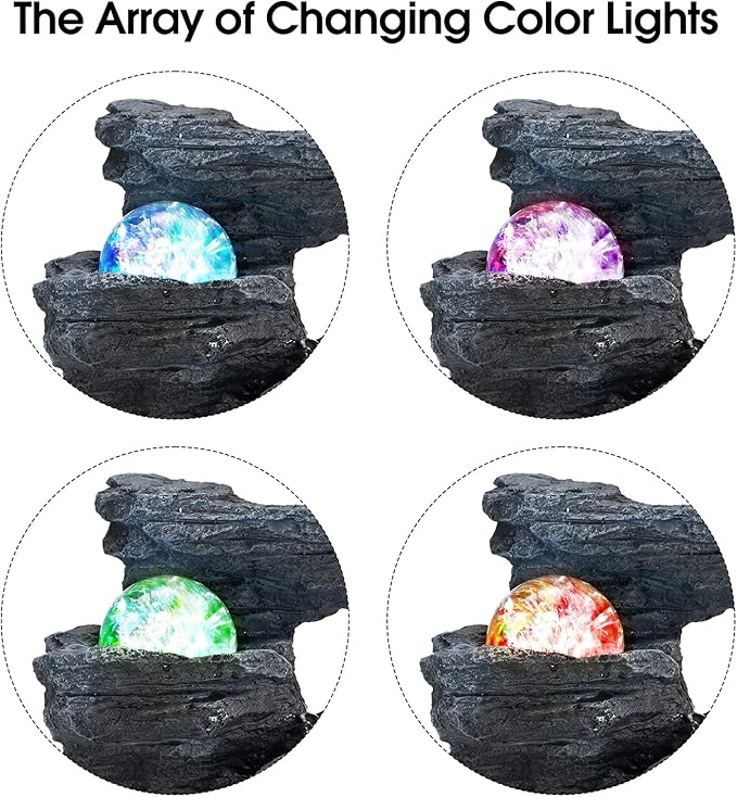 Amootek Tabletop Fountain Rotating Ball Rock Waterfall Fountain Office Includes Many Natural River Rocks Decorated with Colorful Lights, 9.05" L x 6.89" W x 10.23" H
