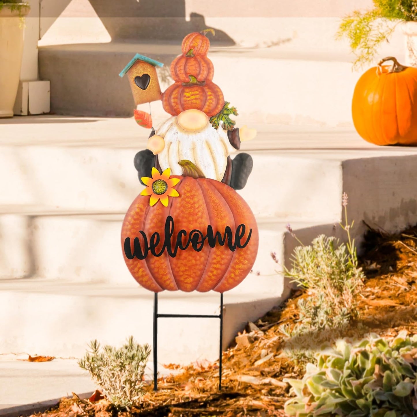 TERESA'S COLLECTIONS Fall Gnome Pumpkin Decorations for Outdoor Home, Metal Fall Decor Welcome Signs Stakes, Orange Autumn Yard Decor for Thanksgiving, Harvest Garden Patio Gift for Mom 25"