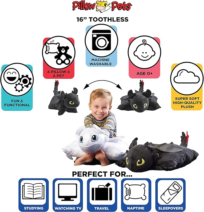 Pillow Pets 16 inch How to Train Your Dragon Toothless Stuffed Animal, NBCUniversal Plush Toy Gift for Kids