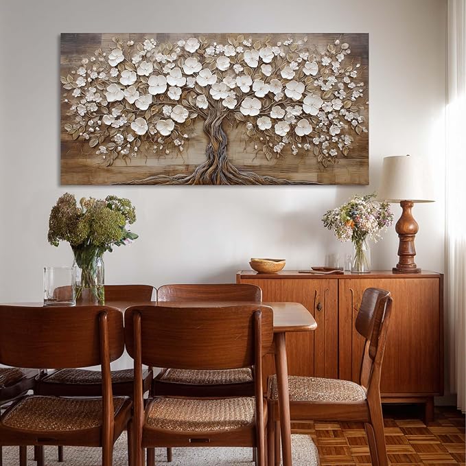 Ggaafet Retro Tree Wall Art for Living Room Canvas Oil Painting Prints Beautiful White FLower Floral Blooming Art Deco Rustic Artwork Office Bedroom Farmhouse Dining Room Decor Extra Large