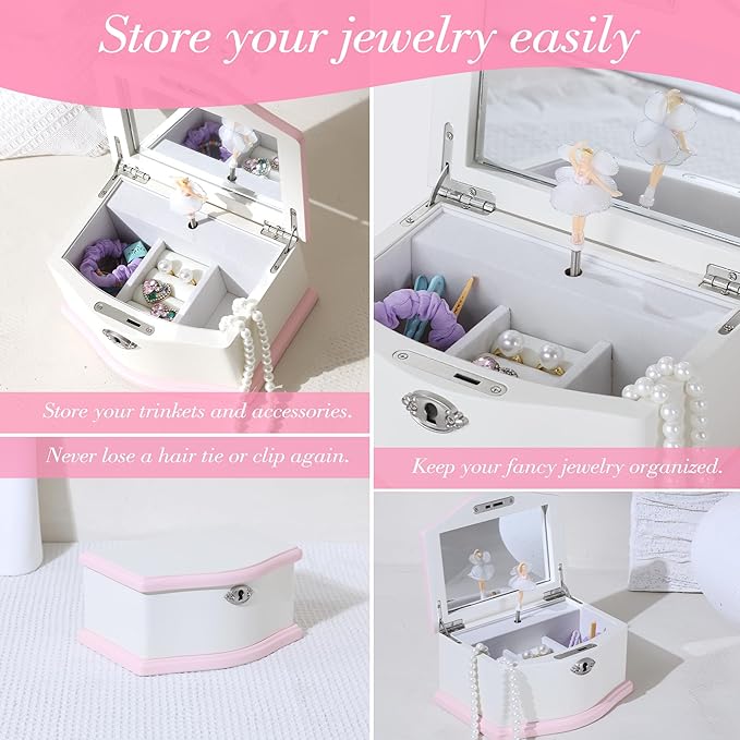 Medium Ballerina Musical Jewelry Box with Mirror for Girls,Kid's Jewelry Storage Music Chest- (white/pink)