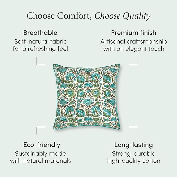 CPC Aqua Green Floral Printed Throw Square Cushion Covers - 18x18 Inch 100% Cotton Washable Decorative Couch Pillows Covers for Living Room Bed Sofa and Outdoors Spring, Easter, Valentines Gift