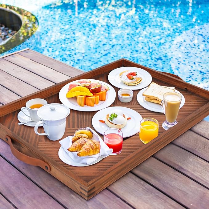 SXNOWS Wooden Serving Tray with Leather Handles, 24x16 in | Large Rectangle Wood Tray,Perfect for Ottoman Coffee Table Living Room and Kitchen, Rustic Gift for Home Decor