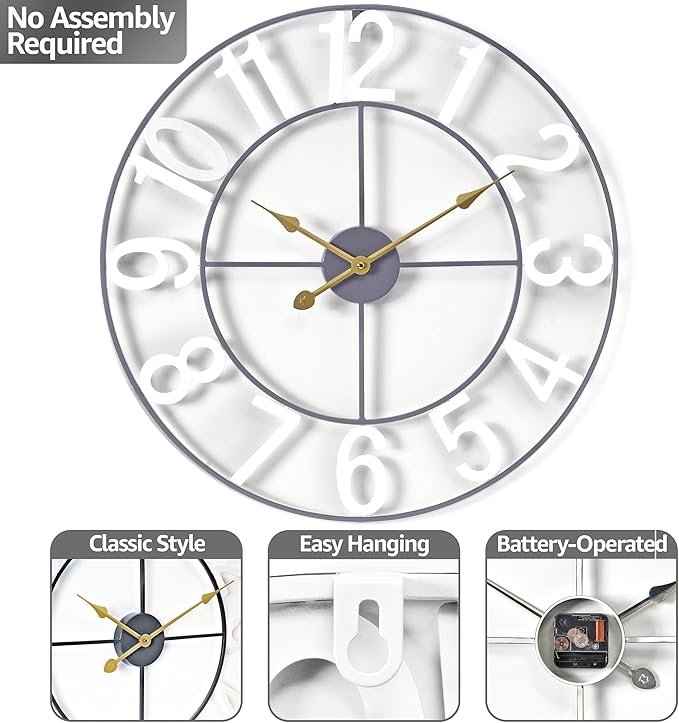 Sorbus Large Wall Clock for Living Room Decor - Wall Clock for Kitchen - 24 inch Big Wall Clock Decorative - Metal Wall Art - Analog Large Clock for Bedroom, Home, Kitchen, Office, Wall Decor (White)