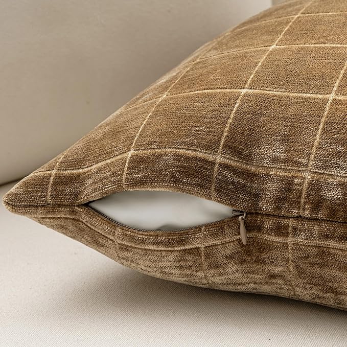 MIULEE Decorative Chenille Check Throw Pillow Covers Vintage Plaid Couch Pillows 20x20 Inch Set of 2 Neutral Boho Farmhouse Cushion Covers Modern Home Decor for Sofa Bed Living Room Toffee