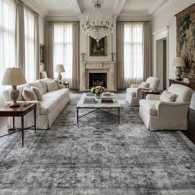 Homemate Washable Rug 10x12 Area Rugs - Vintage Faux Wool Rugs for Living Room Bedroom Dining Room - Non Slip Foldable Carpet Indoor Area Rug for Home Decor（10'x12', Black