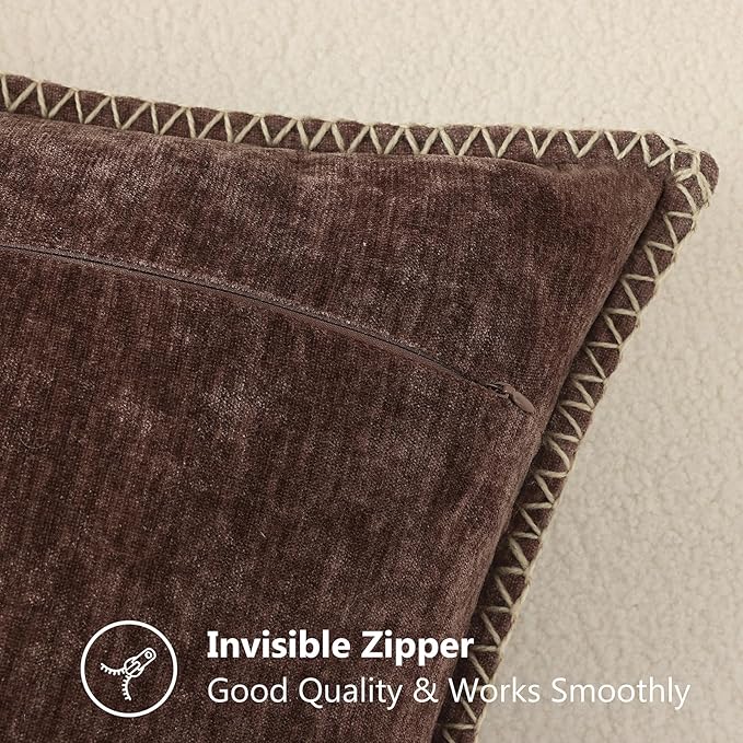 decorUhome Chenille Soft Cozy Throw Pillow Covers 16x16 Set of 2, Modern Farmhouse Boho Velvet Decorative Pillow Cases with Stitched Edge for Couch Sofa Bed Home Decor, Chocolate
