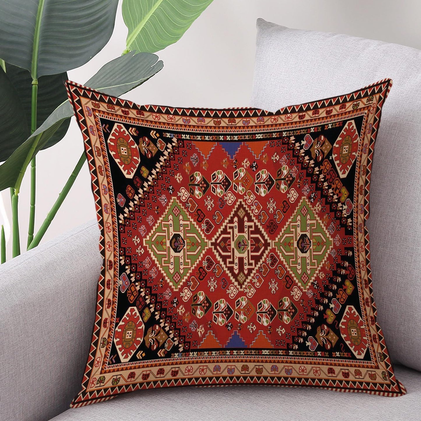 Outdoor Waterproof Pillow Covers 18x18 Inch Set of 2 Tribal Abstract Red and Black Vintage Carpet Pattern Decorative Farmhouse Pillow Covers for Couch Garden Balcony