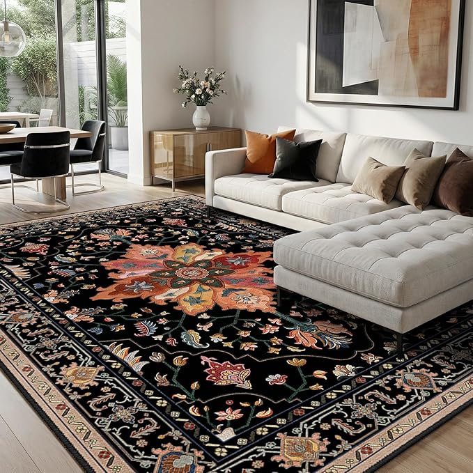 RELEANY Area Rugs 8'x10' Washable Non-Slip, Floral Vintage Distress Print Pattern Medallion Carpet for Living Room Bedroom Dining Room, Black Colorful Floral Dark Tan