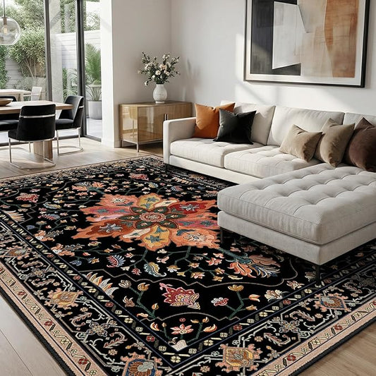 RELEANY Area Rugs 8'x10' Washable Non-Slip, Floral Vintage Distress Print Pattern Medallion Carpet for Living Room Bedroom Dining Room, Black Colorful Floral Dark Tan