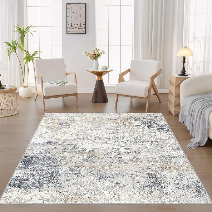 DMOYEST Square Area Rug Living Room Rugs - 6x6 Washable Large Soft Indoor Neutral Modern Abstract Low Pile Rug Carpet for Bedroom Dining Room Farmhouse Home Office - Beige Blue