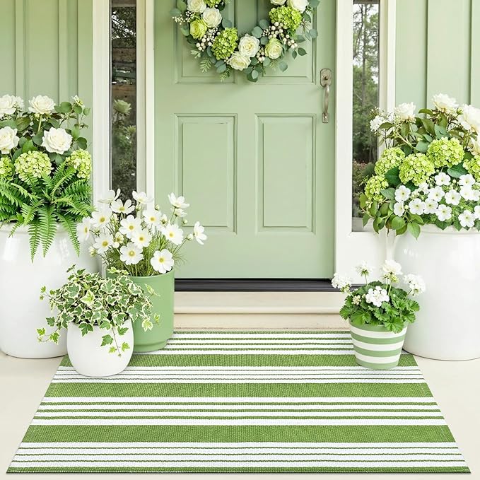OLANLY Green and White Classic Striped Rug 2' x 4'3" (24" x 51") – Washable Cotton Indoor Outdoor Doormat for Front Door, Entryway, Kitchen, Porch, Patio Decor