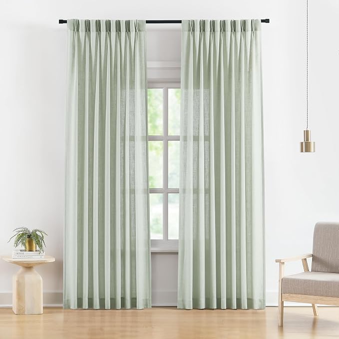 Vision Home Pinch Pleated Semi Sheer Curtains Textured Linen Blended Light Filtering Window Curtains 84 inch for Living Room Bedroom Pinch Pleat Drapes with Hooks 2 Panels 40" Wx84 L,Soft Green
