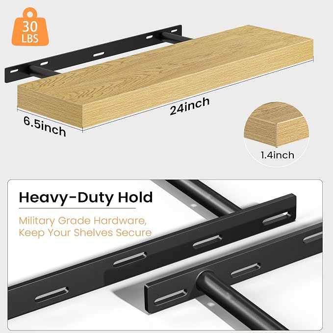 Fun Memories Floating Shelves for Wall, 24 Inch Set of 2 Rustic Wood Wall Shelves with Invisible Brackets, Heavy Duty Storage Display for Living Room Bedroom Kitchen, Oak