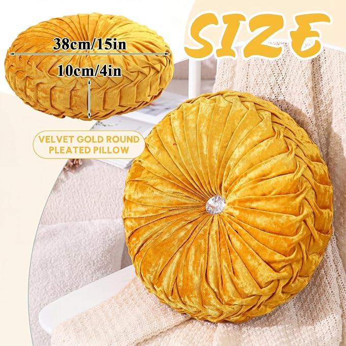 Drydiet 1 Pcs Round Throw Velvet Pillows Decorative Pleated Throw Pillows Diameter Accent Pumpkin Boho Chair Cushion for Couch Sofa Home Decoration (Velvet Gold,15'')