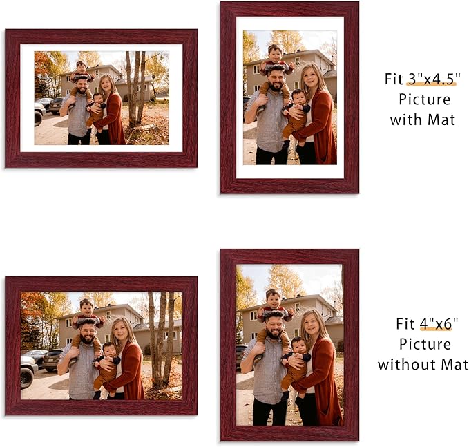 Picrit 4x6 Picture Frame Set of 12, Display 3.5x5 with Mat or 4x6 Without Mat, Photo Frames for Wall Mounting or Table Top Display, Dark Red Wood