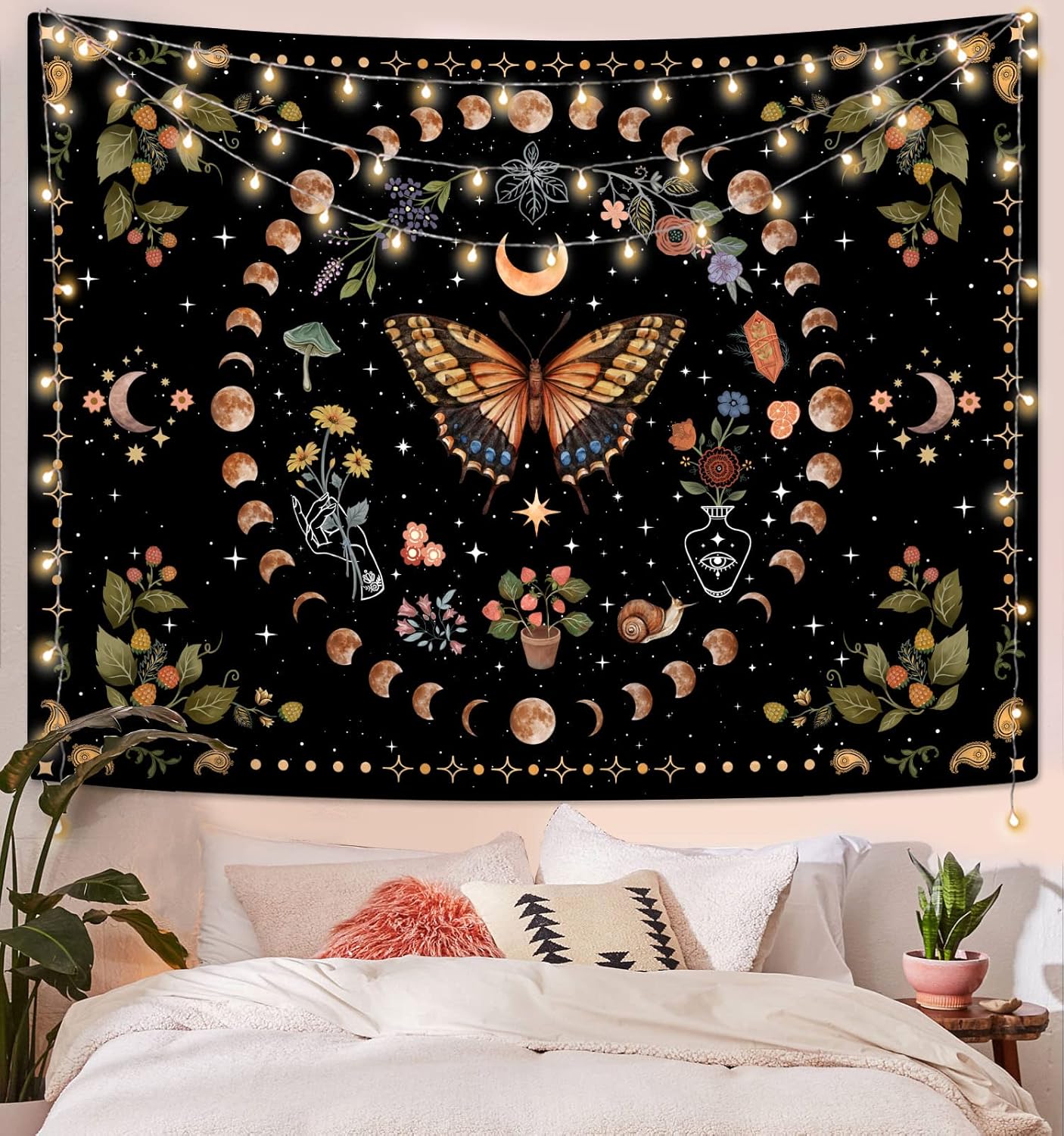Aipon Yellow Butterfly Moon Flower Tapestry Botanical Floral Plant Boho Tapestry for Bedroom Aesthetic Vintage Tapestries Wall Hanging for Living Room Dorm (68.00'' × 90.00'', Yellow)