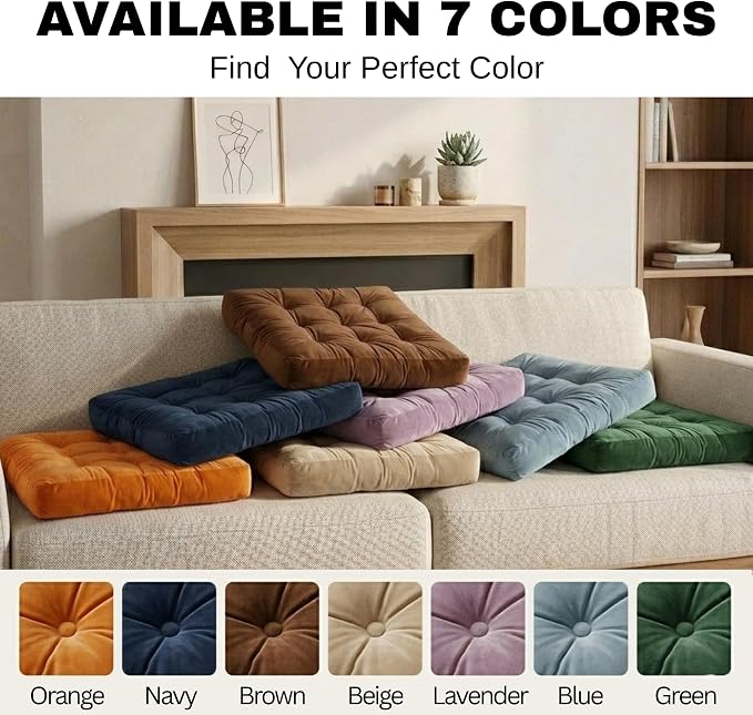 Floor Pillows for Adults Set of 2, Soft Velvet Floor Cushions for Sitting, Square Tufted Floor Pillow Set for Reading Nook, Living Room, Bedroom, 22 x 22 Inch, Brown