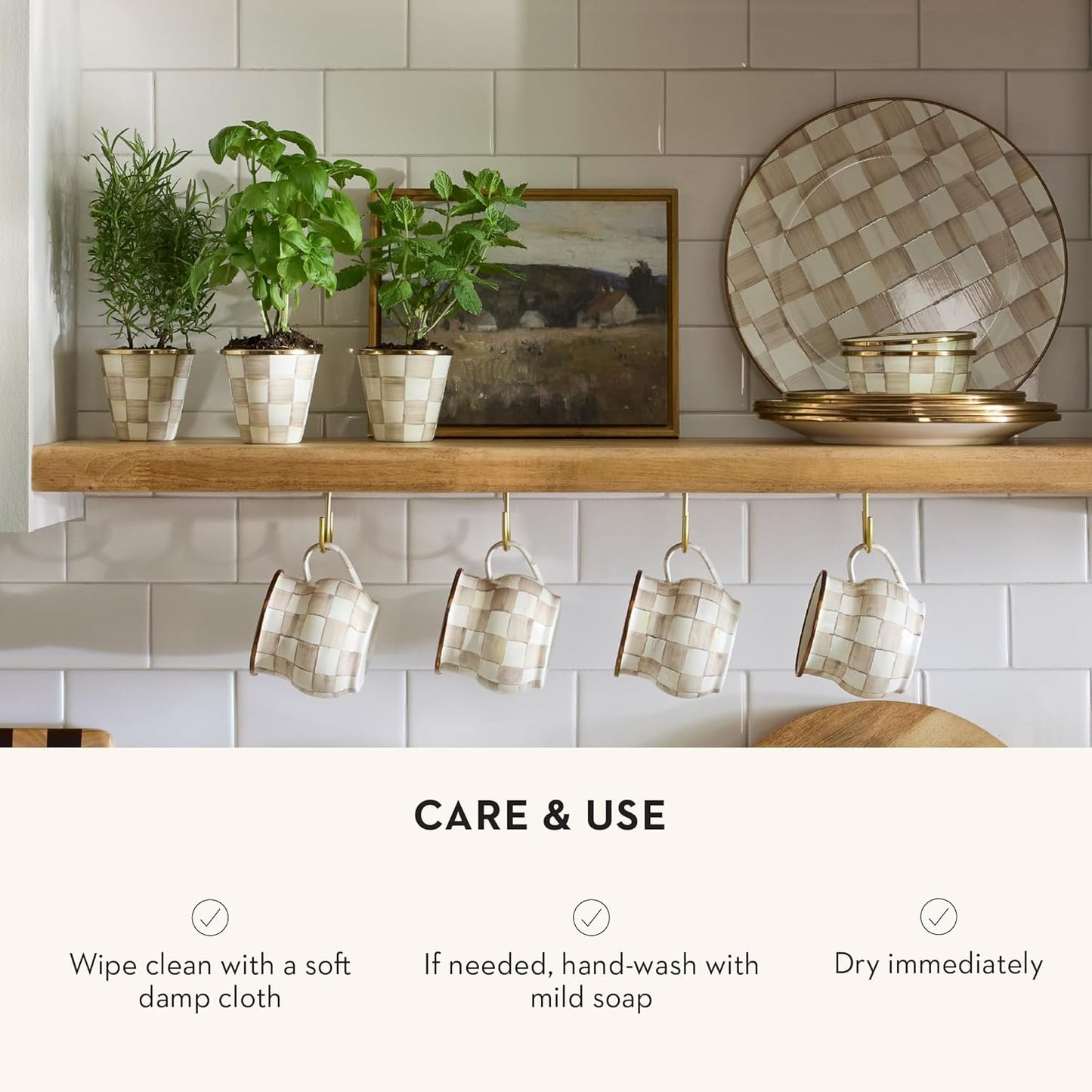 MACKENZIE-CHILDS Enamel Herb Pots, Small Plant Pots for Herbs or Flowers, Set of 3, Brown-and-White Mocha Check