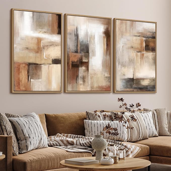 Large Framed Canvas Wall Art - Natural Float Framed Brown Abstract Picturtes for Living Room Decor Brown Abstract Painting Artwork Prints for Bedroom Kitchen Home Office Decor 96" X 48" Set of 3