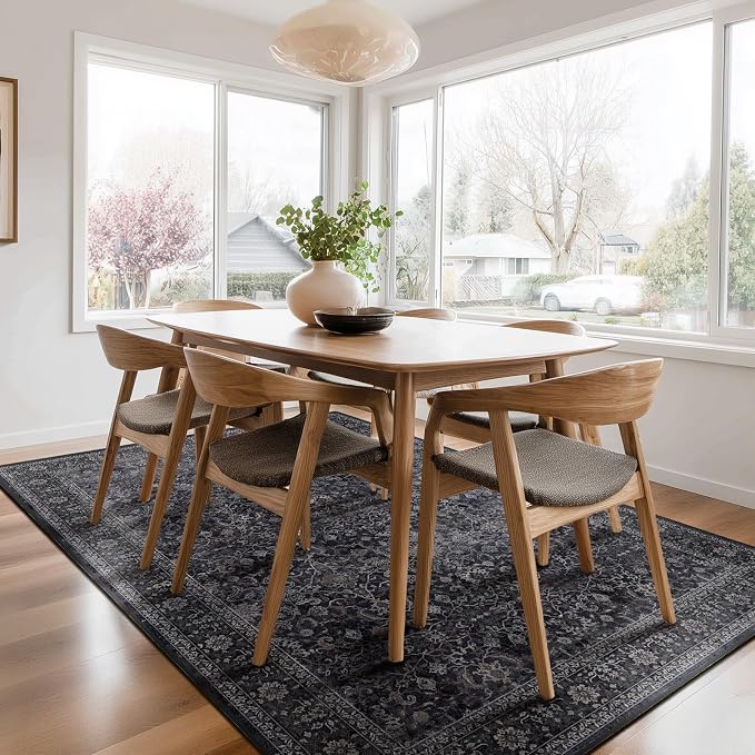 Dark Area Rug 6x9, Vintage Earth Tone Rugs for Living Room Bedroom, Washable Non Slip Low Pile Thin Carpet Rug for Dining Room Guest Room Home Office, Farmhouse Distressed Midnight