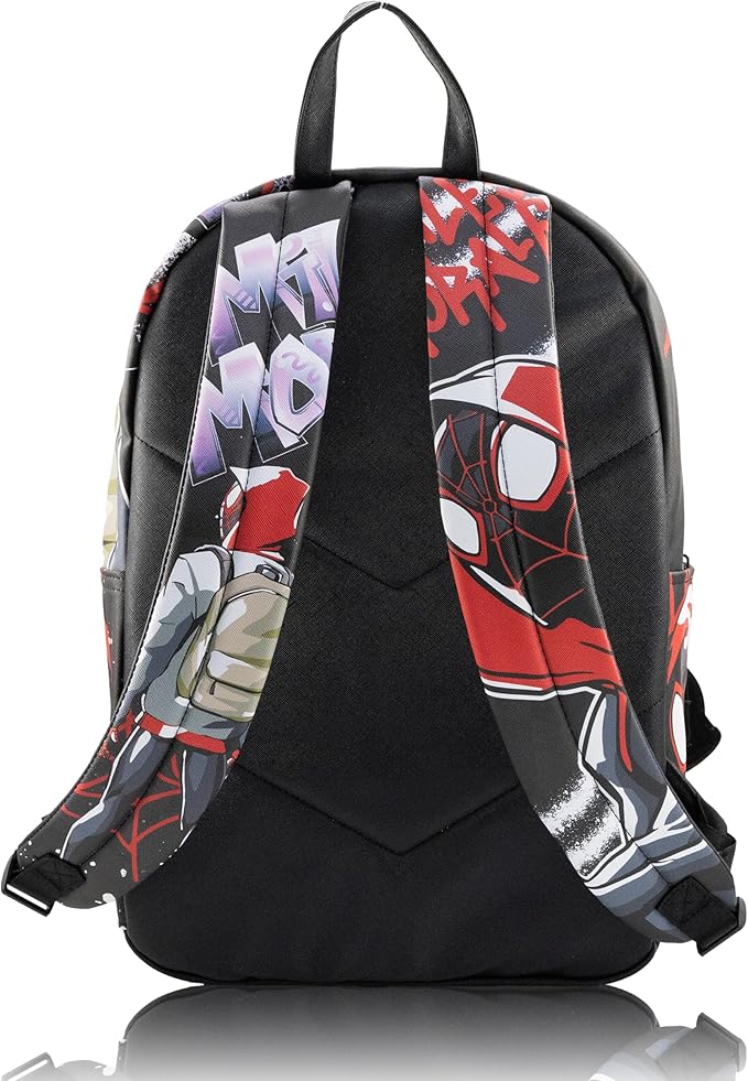 Marvel Miles Morales Spiderman Backpack for Teens | 16" Saffiano Leather School Bookbag with Rubber Luggage Tag | Spiderman Backpack for Boys, Girls, Unisex | Officially Licensed Marvel