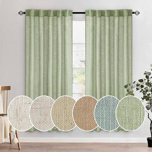 MIULEE Sage Green Linen Curtains 72 Inch Length for Bedroom Living Room, Soft Thick Linen Textured Window Drapes Semi Sheer Light Filtering Back Tab Rod Pocket Burlap Look Farmhouse Decor, 2 Panels
