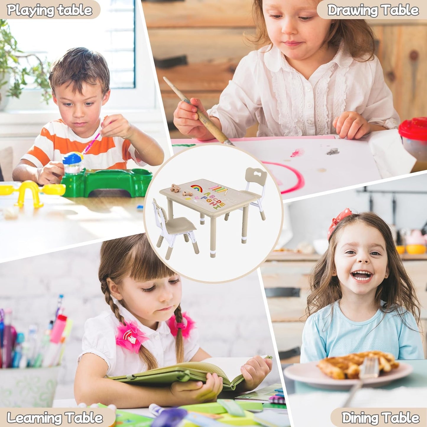 Toddler Table and Chair Set, Height Adjustable-Upgrade Kids Table and 2 Chairs for Ages 3-8, Multi-Activity Toddler Play Table with Graffiti Desktop for Home/Daycare/Classroom