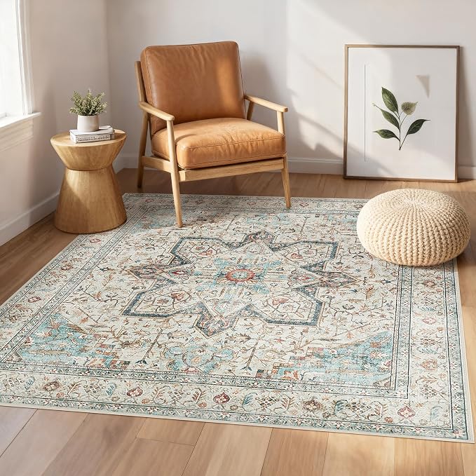 Tortania 6' Square Area Rug Living Room Rugs - Washable Boho Rug Vintage Oriental Distressed Farmhouse Large Thin Indoor Carpet for Bedroom Under Dining Table Home Office - Aqua Multi