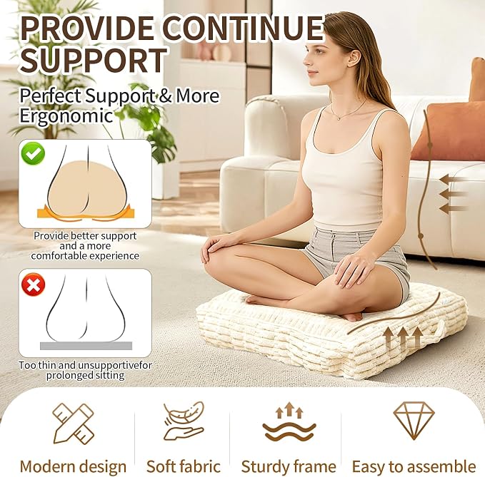 Floor Cushions, Corduroy Floor Pillow, Floors Pillows for Adults & Pets, Large Floors Pouf, Square Floored Pillows for Sitting & Yoga(2PC, Beige White，22"×22"×5.9")