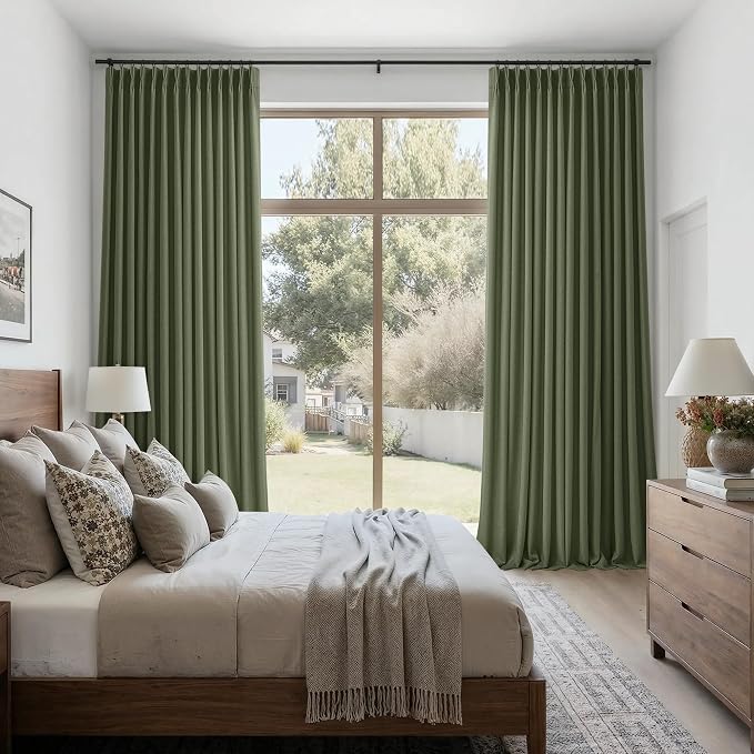 Extra Long 112 Inch Pinch Pleated Sheer Curtains 2 Panels Set with Hooks Rings for Living Room Bedroom, Olive Green Memory Shape Linen Light Filtering Privacy Luxury Windows Curtain Drapes Loden