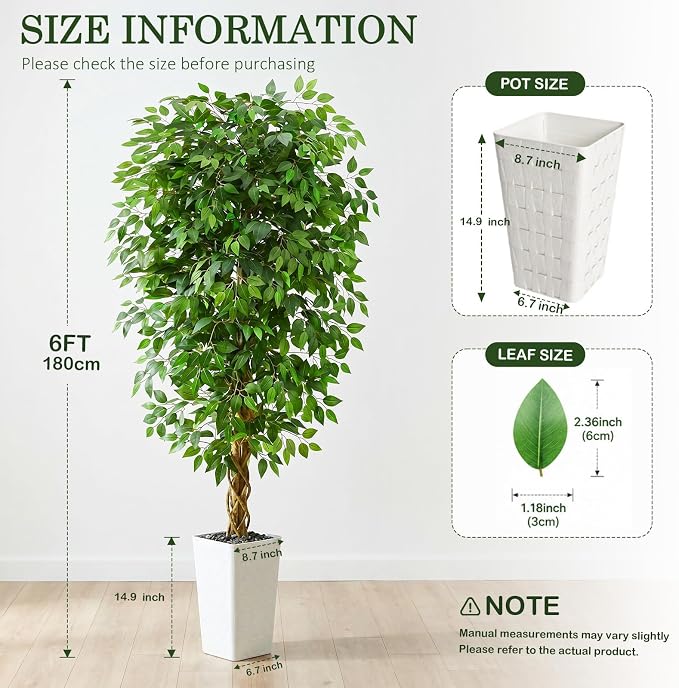 Artificial Ficus Tree 6FT Faux Floor Tree with Planter UV Resistant Potted Fake Silk Plant - Indoor Outdoor Lifelike Fake Ficus Tree for Home, Living Room Bedroom Topiary Tree