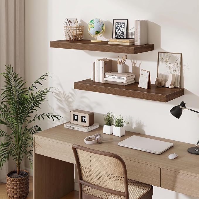 Fun Memories 12" Deep Floating Shelves for Wall, 36" W x 12" D Floating Shelves, Long Wood Floating Wall Shelf for Living Room Bathroom Bedroom Kitchen, Walnut, Set of 2