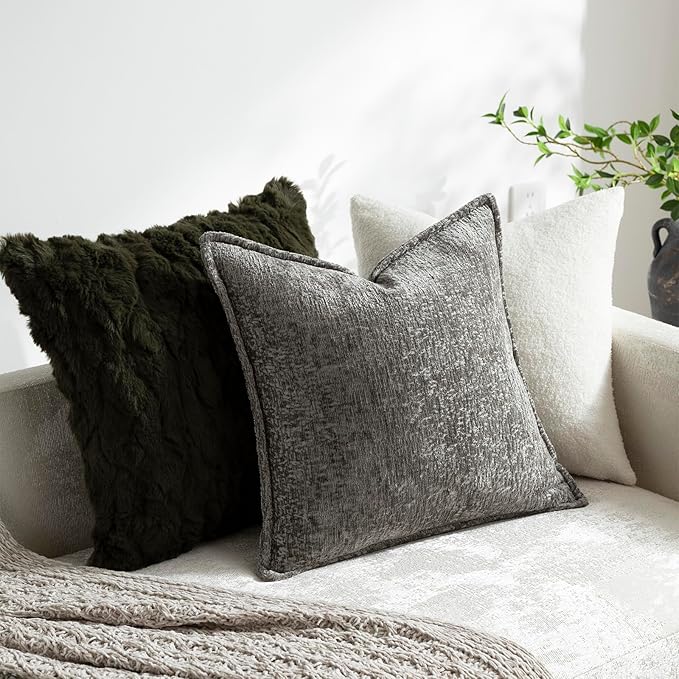 DEZENE Pack of 2 Grey Decorative Throw Pillow Covers 24x24 Cozy Soft Chenille Accent Vintage Square Couch Pillow Covers for Home Decor Bed Sofa Living Room