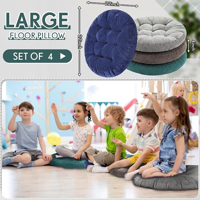 Jerify 4 Pcs Floor Pillow Cushions Large Round Square Large Meditation Floor Pillow for Classroom Adult Meditation Picnic Party Seating Learning Daycare School (Round,Dark Green)