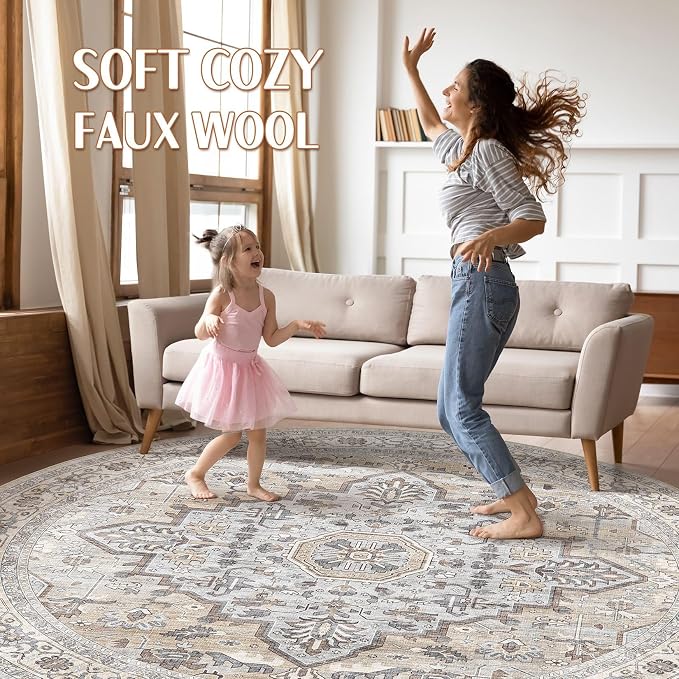 Round Rug Living Room Rugs: 7x7 Washable Boho Neutral Large Circle Soft Indoor Distressed Stain Resistant Floor Farmhouse Carpet for Bedroom Nursery Kids Playroom Office Dining Room Dorm- Cream Gray