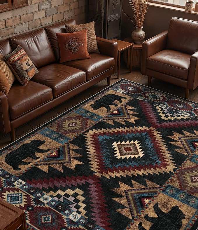 YIHOUSE Rustic Cabin Area Rug for Living Room 8x10,Machine Washable Lodge Bear Rug,Non-Slip Low Pile Print Pattern Western Rug for Bedroom