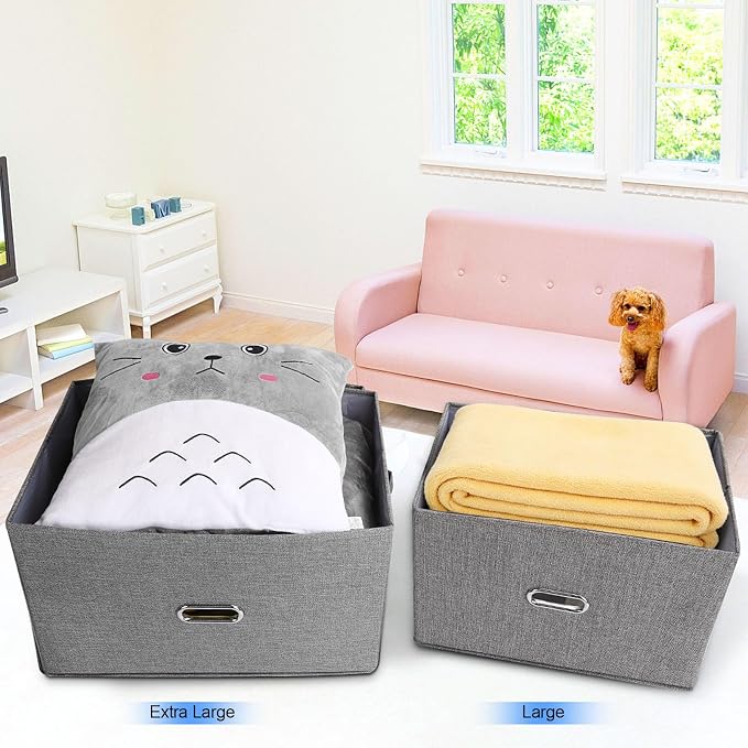 Large Linen Fabric Foldable Storage Bins with Removable Lid and Handles, Washable Storage Box Organizer Containers Baskets Cube with Cover for Bedroom,Office(Pink, Extra Large)