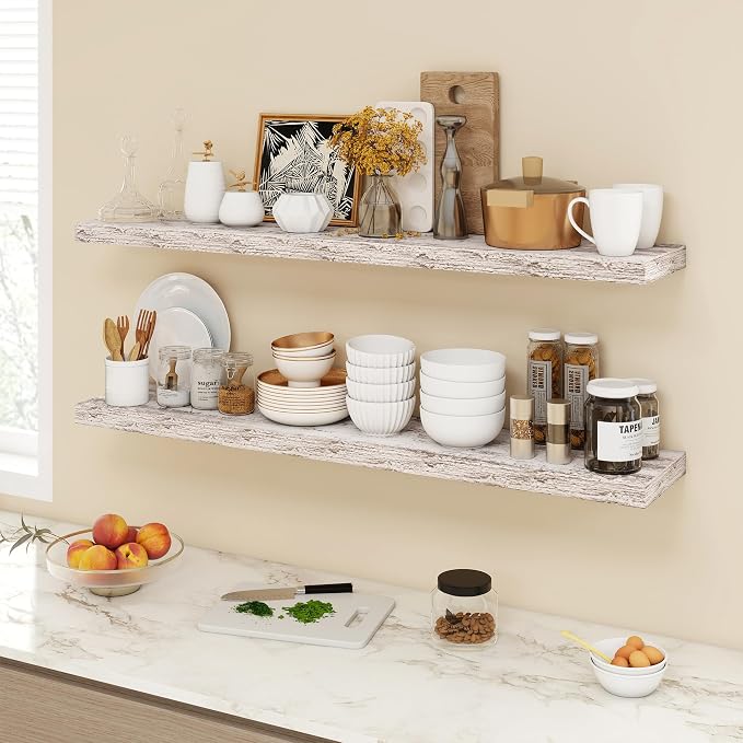 Acovy 48 Inch Floating Shelves, 9.3" Deep Floating Shelf Wall Mounted, 48" Wall Shelves, Rustic Deep Bookshelf, Large Display Shelves & Storage Shelves for Bedroom, Living Room, Rustic, Set of 2